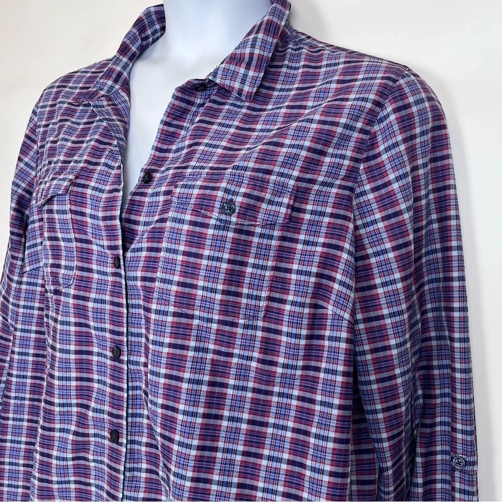 Eddie Bauer Shirt Women’s 3X Purple Pink Plaid Adventurer Roll-Tab Sleeve READ
